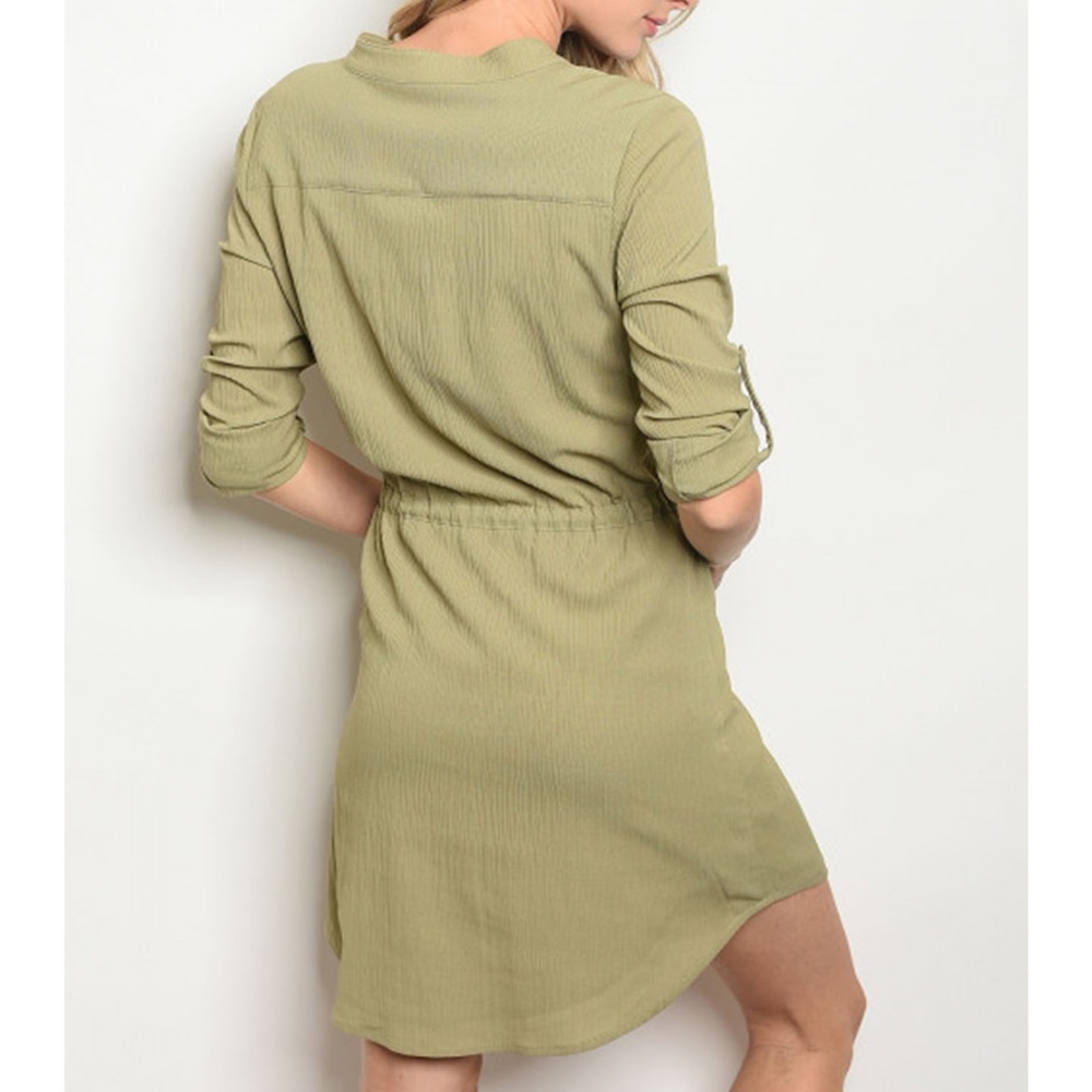 Olive 3/4 tab Sleeve Drawstring Waist Tunic Dress - Picture 2 of 3